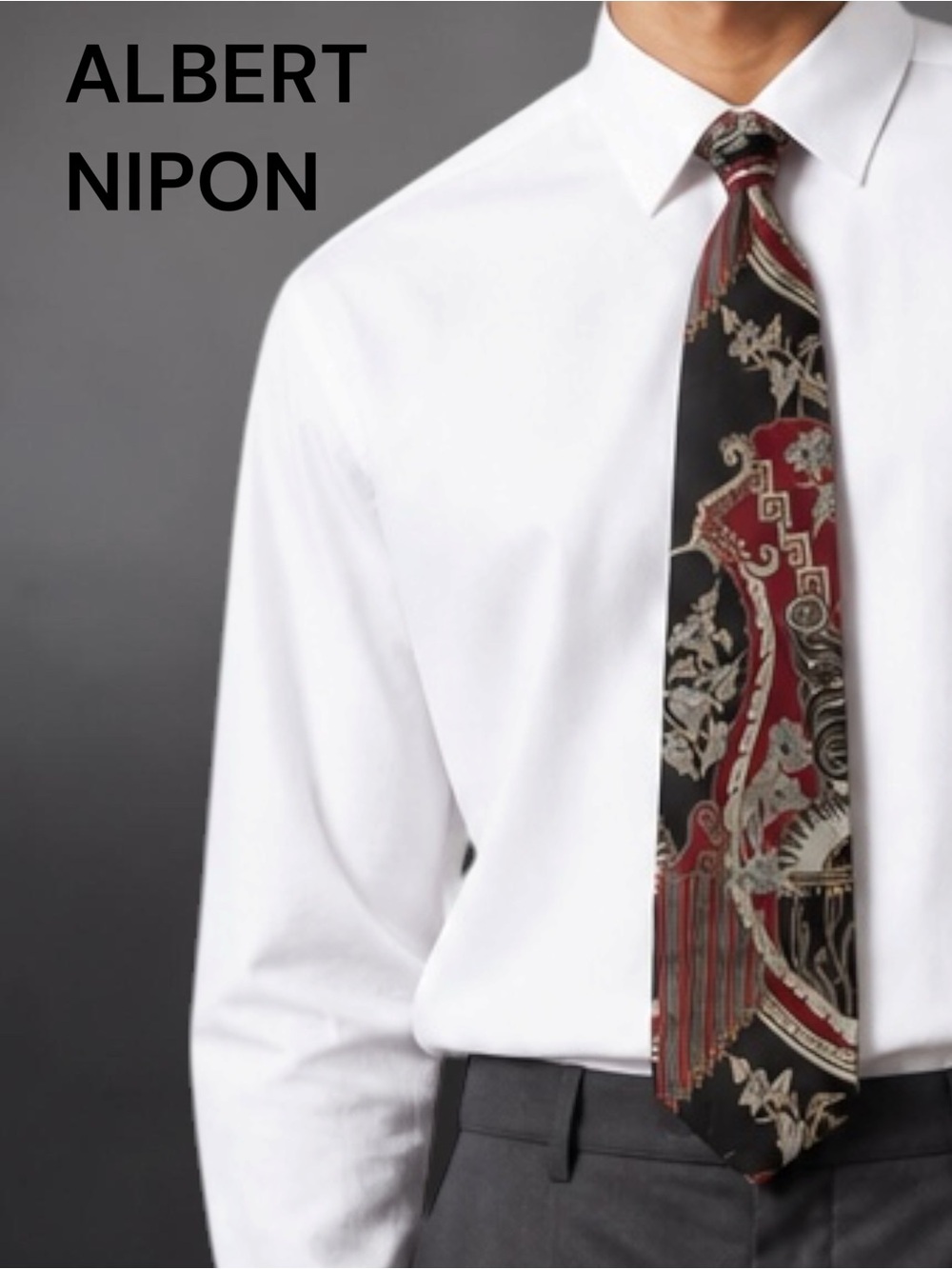 Albert Nipon Vintage Red Black Silk Tie Ornate Baroque Pattern Classic Style